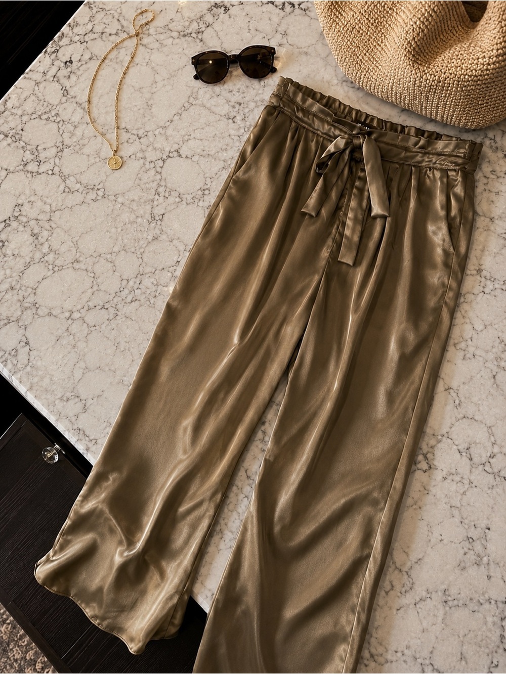 Relaxed Drawstring Satin Trousers - Olive Green